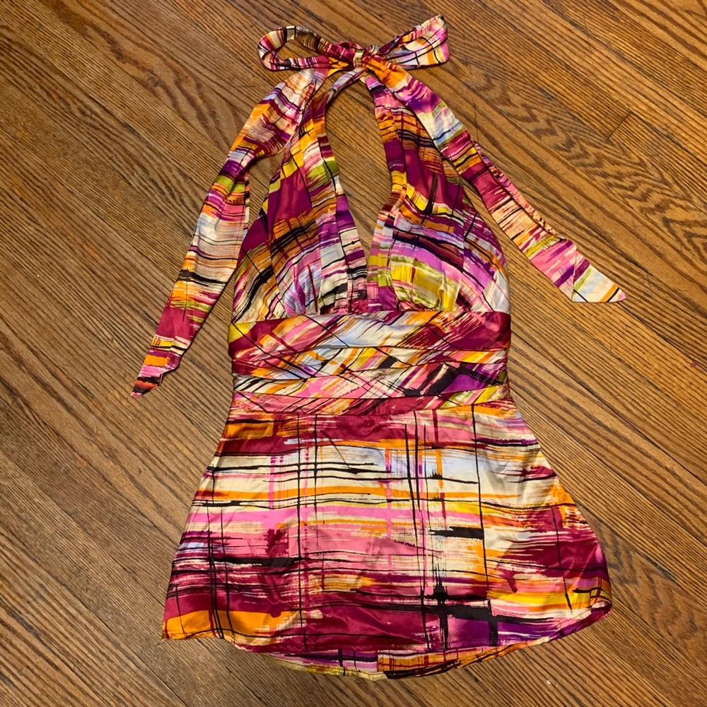 Rubber Ducky Productions Inc Pink and Orange Asymmetrical Tie Front Tank Top